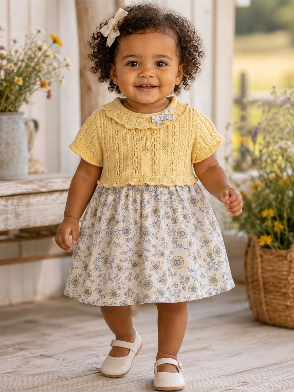 Shabby Chic 18-24M Yellow Knit Floral Dress Cottagecore Garden Prairie Farmhouse